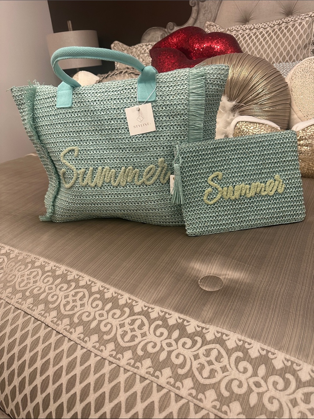 Stylish Summer Straw Tote and Pouch - Mint